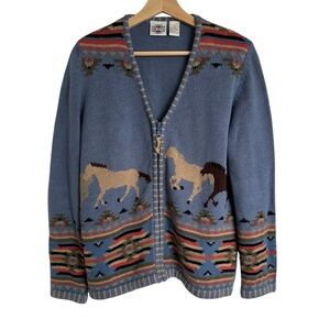 Rods Vintage Equestrian Cardigan Sweater Horses Zip Front - Small